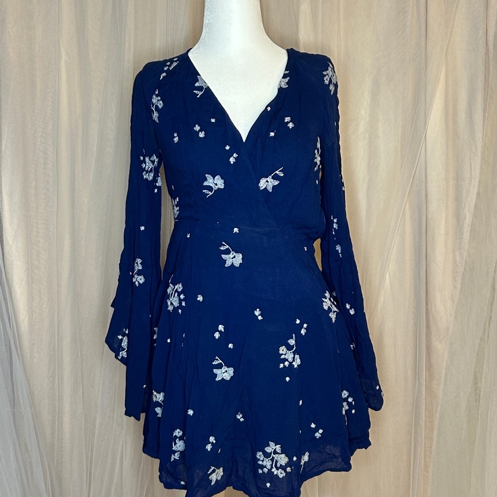 Free People Blue Fit and Flare V-Neck Dress